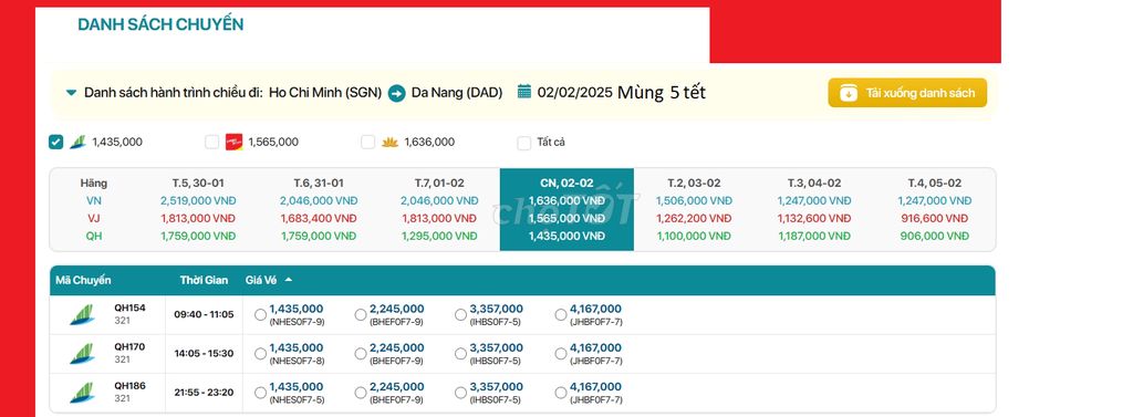 Hồ Chí Minh - Đà Nẵng  02/02/2025 Mùng 5 tết