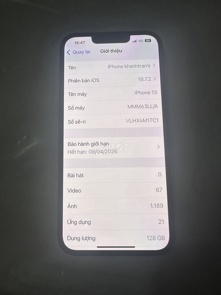 13 128G new hiếm còn bh apple (ko zin tặng)/gl. Mua bán Điện thoại tại Quận Tân Phú Tp Hồ Chí Minh được đăng bởi Bodytran hình 1