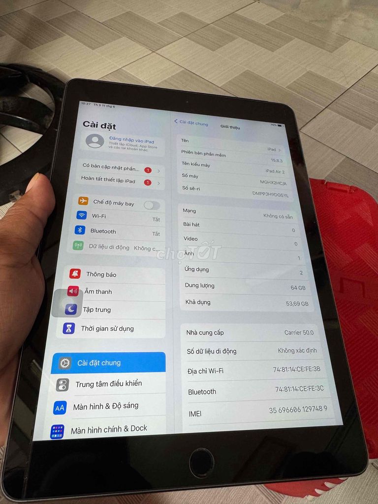 Apple iPad Air 2 Retina 64GB Xám đẹp 99% nguyên zi. Mua bán Máy tính bảng tại Quận Ninh Kiều Cần Thơ được đăng bởi PHỤ KIỆN MT hình 1