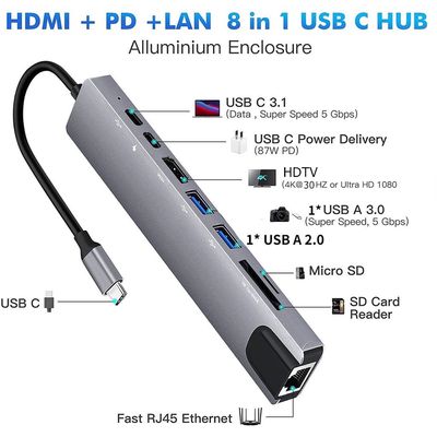 📣Hub TypeC  8in1 ra HDMI, USB 3.0, Lan, TypeC...