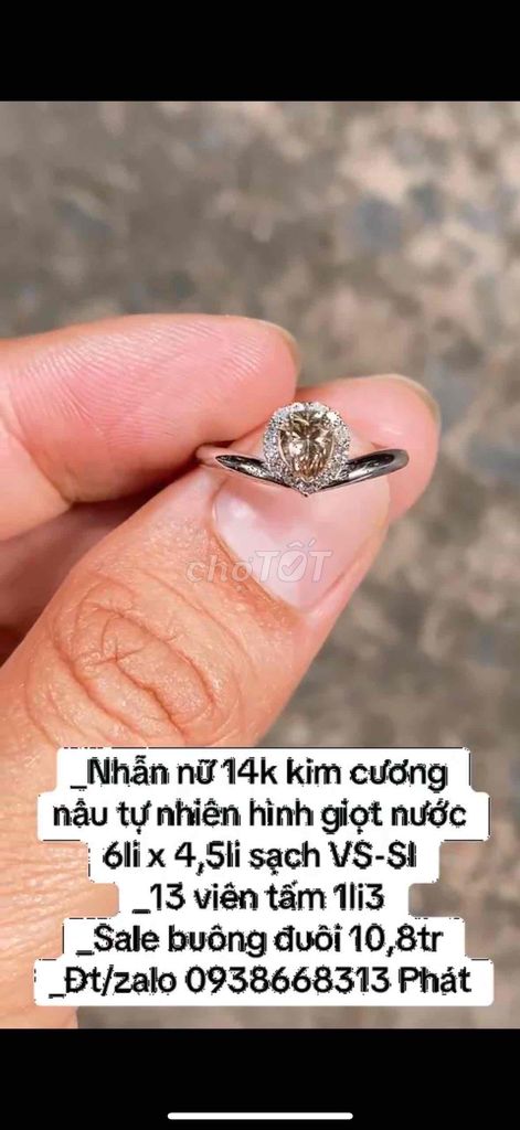 Nhẫn nữ 14k kim cương giọt nước 6li x 4li5