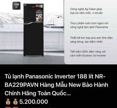 Tủ lạnh Panasonic 188 lít BA229PAVN …..