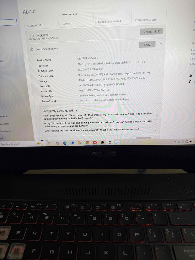 Asus TUF Gaming FX505DY Ryzen 5 16GB 512GB Đen. Mua bán Laptop tại Huyện Bình Chánh Tp Hồ Chí Minh được đăng bởi Nguyễn Minh Lâm hình 1