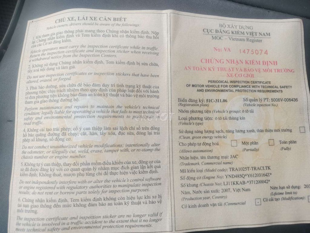 JAC TRA1025T-TRACI.TK 2007. Mua bán Xe tải, xe ben tại Quận Bình Tân Tp Hồ Chí Minh được đăng bởi Nguyen Quoc Tuan hình 8