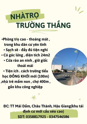 Phòng trọ cao - thoáng mát trong khu dân cư yên tĩnh, đầy đủ tiện nghi. Cho thuê phòng trọ tại Huyện Châu Thành Hậu Giang được đăng bởi Dtrường