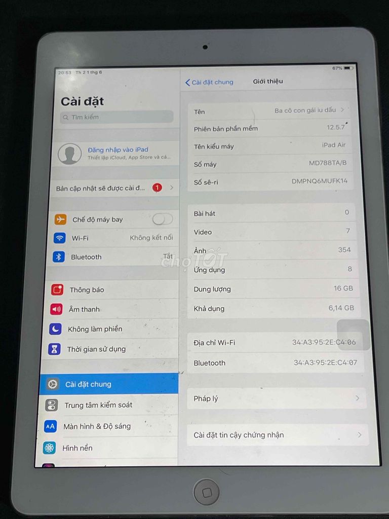 Apple iPad Air 16GB Xám mới 90% như hình. Mua bán Máy tính bảng tại Quận 8 Tp Hồ Chí Minh được đăng bởi ngothanhdieungo hình 1