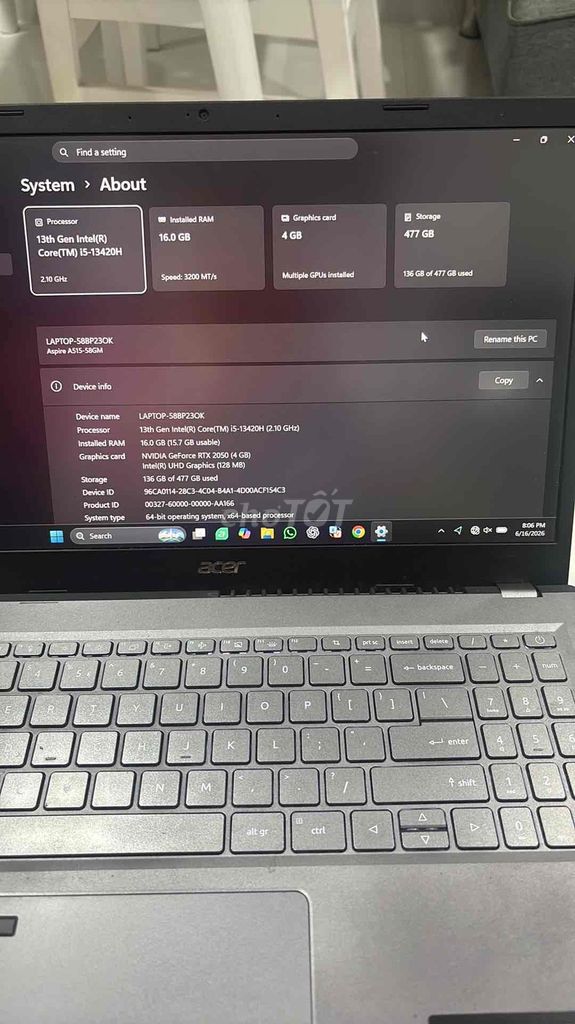 Acer Aspire 5 i5-13420H 16GB/512GB RTX 2050 Xám. Mua bán Laptop tại Thành phố Dĩ An Bình Dương được đăng bởi Văn Trung  hình 1