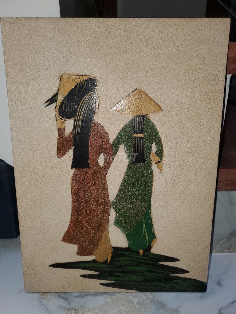 Tranh Sơn Mài Cẩn Vỏ Trứng "2 Cô Gái Áo Dài"