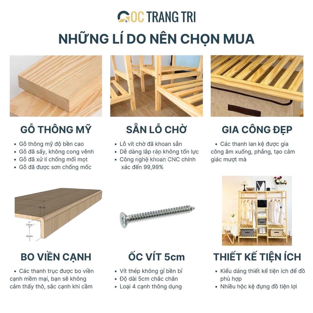 Tủ Kệ Gỗ Treo Quần Áo Cao 160cm Gỗ Thông Mỹ