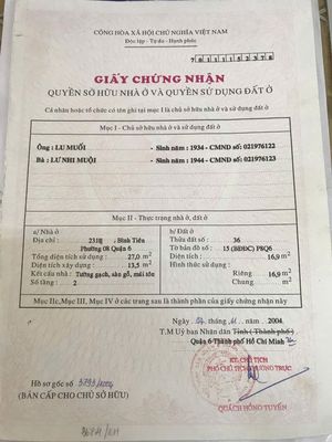 chính chu bán nha hẻm 231 Bình Tiên phuong 8 quân 6