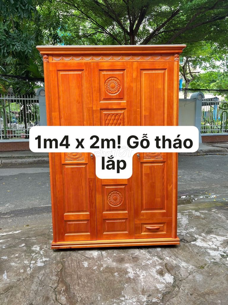 Tủ quần áo 4 cánh 1m4 x 2m gỗ thông