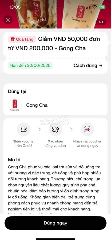 Voucher Gong Cha 50K. Dịch vụ tại Quận 5 Tp Hồ Chí Minh được đăng bởi Thuý Vy hình 1