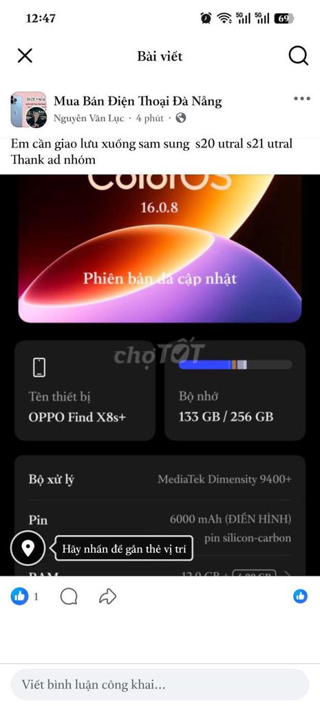 OPPO Find X8s+ 256GB Trắng. Mua bán Điện thoại tại Quận Cẩm Lệ Đà Nẵng được đăng bởi Lục Nguyễn Văn hình 1