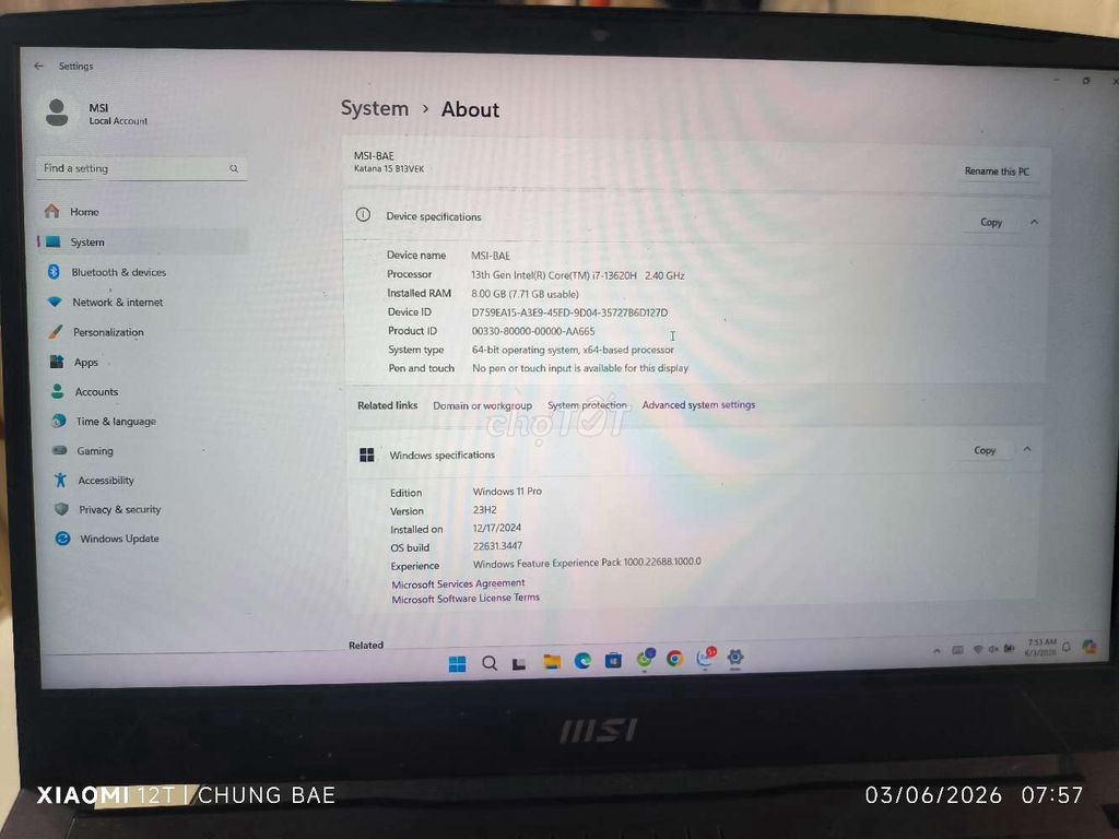 MSI Katana 15 i7 13620H 8GB Đen. Mua bán Laptop tại Quận Gò Vấp Tp Hồ Chí Minh được đăng bởi Nguyễn Chung hình 1