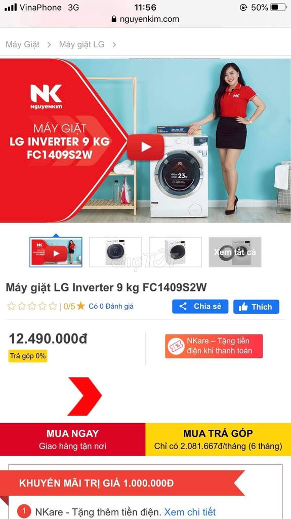 0855570001 - Máy giặt LG 9kg máy mới dùng được 3 tháng