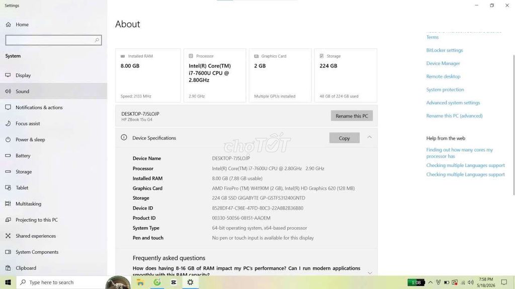 HP ZBook 15u G4 i7 8GB/256GB. Mua bán Laptop tại Thị xã Hoài Nhơn Bình Định được đăng bởi Miễn Đinh Văn hình 1