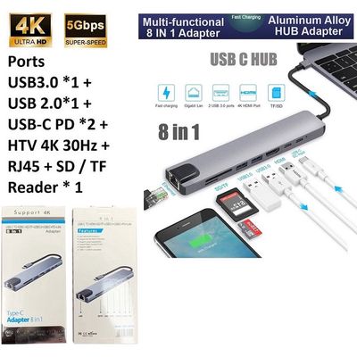 Hub Type C 8in1 Sang HDMI/ USB 3.0/ PD/ TF/SD