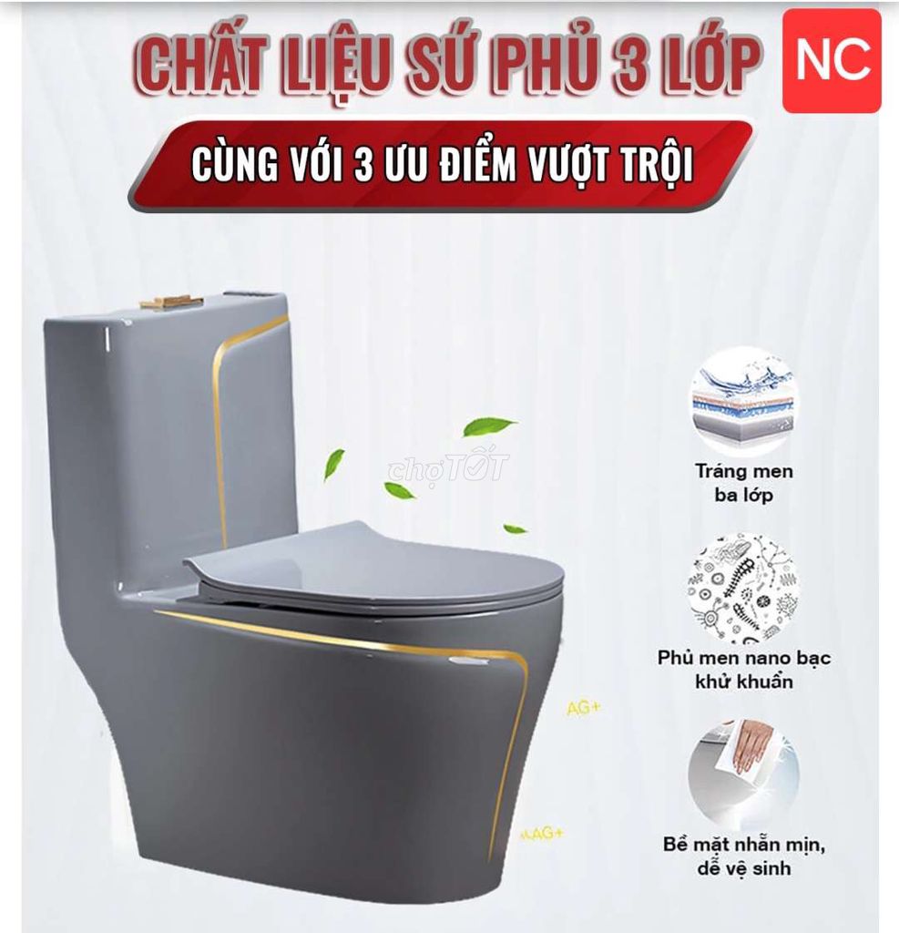 Bồn Cầu 1 Khối Xám Viền Kẻ Vàng