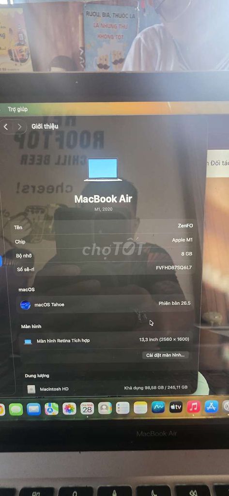 Apple MacBook Air M1 8GB/256GB Bạc 98% mới. Mua bán Laptop tại Quận 10 Tp Hồ Chí Minh được đăng bởi Trần Nguyễn Quốc Thịnh hình 1