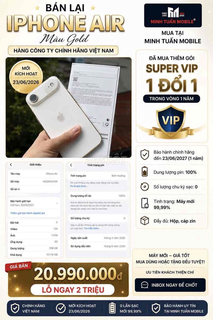 Apple iPhone Air 256GB Vàng VN/A Mới 99.99%. Mua bán Điện thoại tại Quận 10 Tp Hồ Chí Minh được đăng bởi Khôi Minh  hình 1