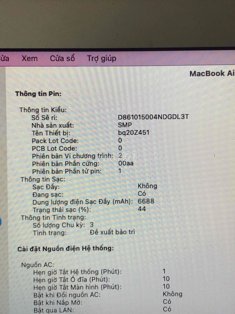 Pin laptop Apple MacBook Air Mới. Mua bán Linh kiện (RAM, Card...) tại Quận 5 Tp Hồ Chí Minh được đăng bởi Nguyễn Trường An hình 1