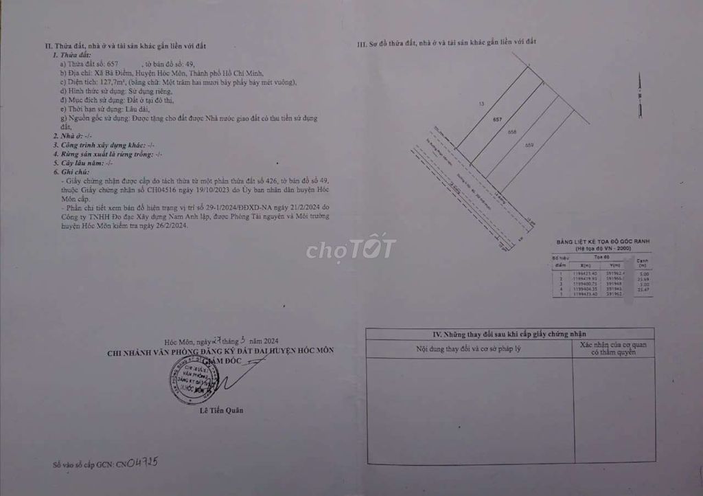 Bán lô đất thổ cư,đường nhựa 7m,xã Bà Điểm,DT: 5 x 25,5 (CN: 127,7m2)