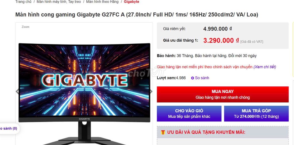 Màn hình cong gaming Gigabyte G27FC (27Inch/ FHD)