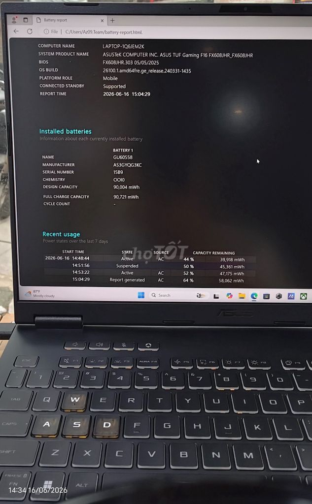 ASUS TUF Gaming F16 FX608JHR i7-14650HX Ngon. Mua bán Laptop tại Quận Hai Bà Trưng Hà Nội được đăng bởi Cao Nguyen Van hình 1