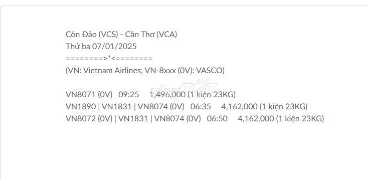 Côn Đảo (VCS) - Cần Thơ (VCA) Thứ ba 07/01/2025