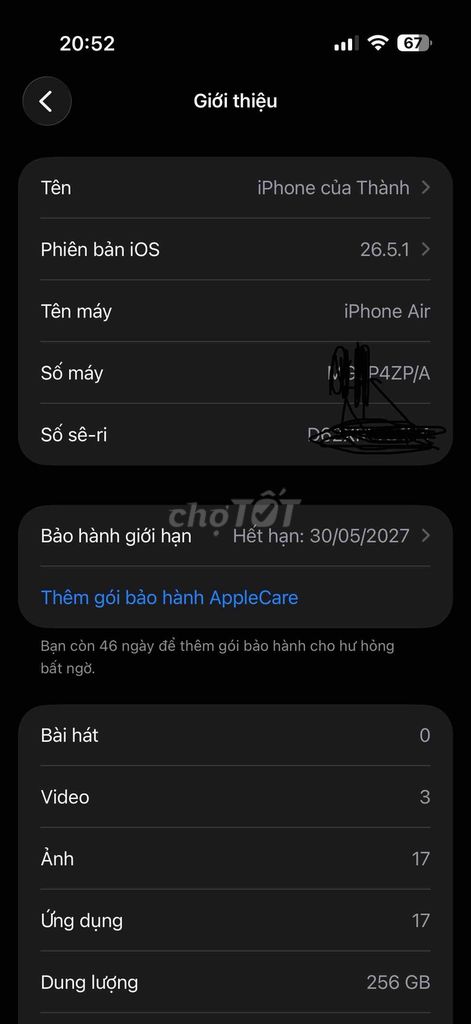 Apple iPhone Air 256GB giao lưu máy ngang dòng. Mua bán Điện thoại tại Quận Bình Tân Tp Hồ Chí Minh được đăng bởi Nguyễn Thành hình 1