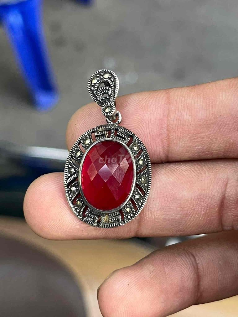 Mặt dây chuyền bạc ngoại 925 ruby cổ khảm đá ngược