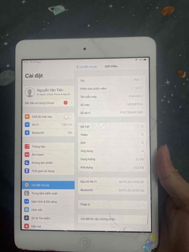 Apple iPad mini 2 32GB Bạc Vỡ kính có fix. Mua bán Máy tính bảng tại Quận Cầu Giấy Hà Nội được đăng bởi Nguyễn Văn Tiến hình 1