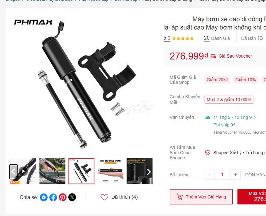 Bộ bơm xe đạp thể thao Chính Hãng PHMAX có thể gập