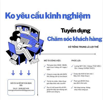 TUYỂN CSKH - ĐI LÀM NGAY - LƯƠNG NET 10-12tr/tháng