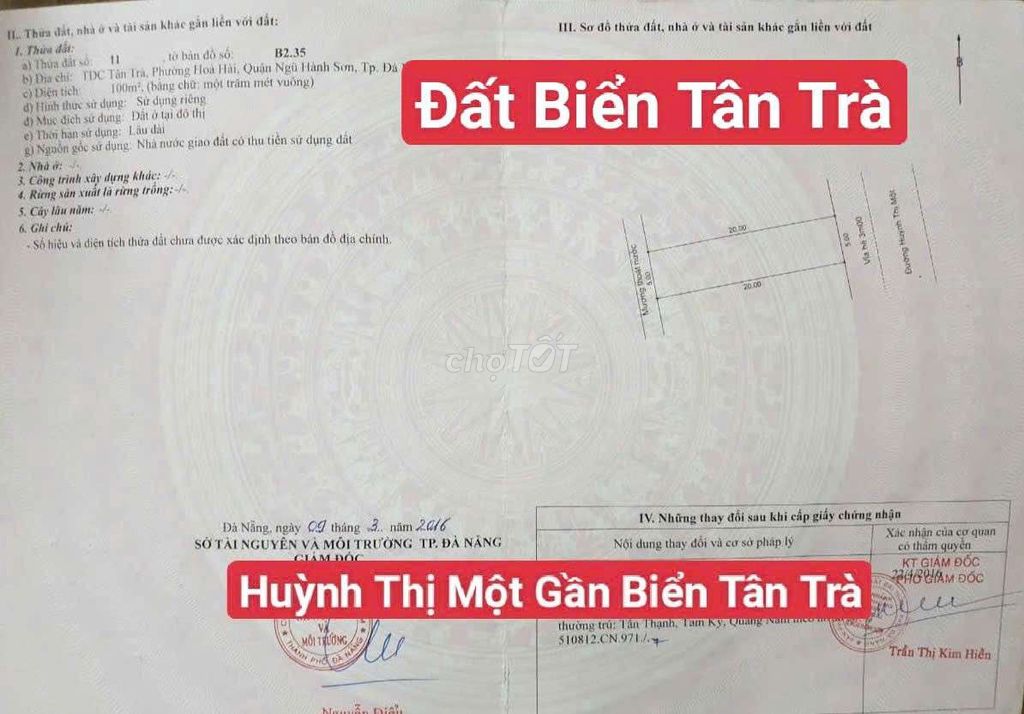 ĐẤT BIỂN TÂN TRÀ đƯờNg HUỲNH THỊ MỘT