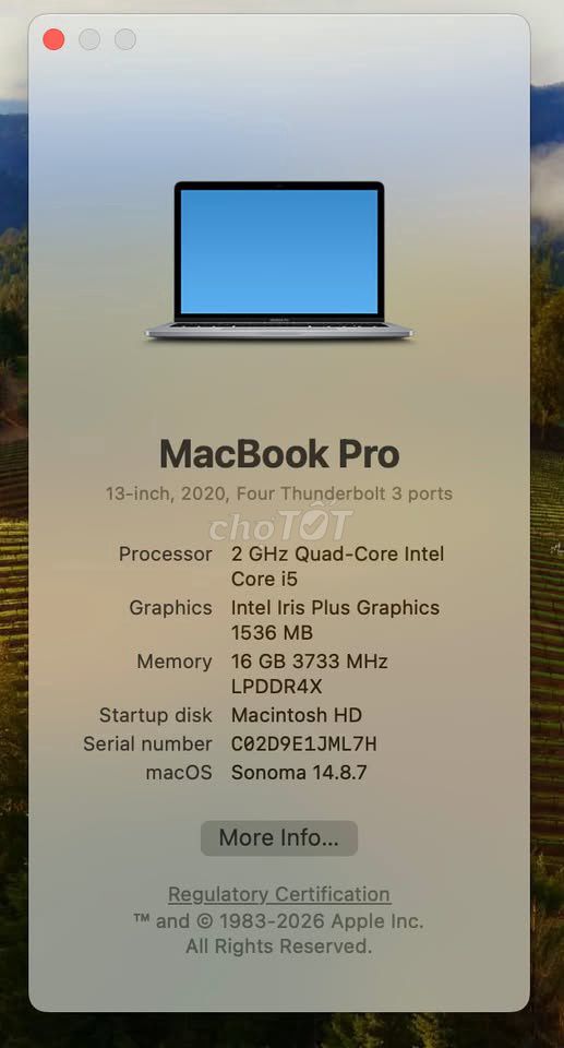 Apple MacBook Pro 13 inch 2020. Mua bán Laptop tại Quận 5 Tp Hồ Chí Minh được đăng bởi Nguyễn Tấn Đạt hình 1