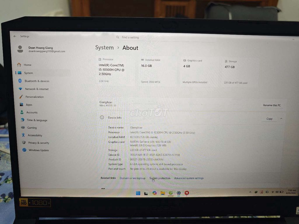 Acer Nitro AN515-55 i5 16GB/512GB GTX 1650 Ti. Mua bán Laptop tại Quận Sơn Trà Đà Nẵng được đăng bởi Doãn Hoàng Giang hình 1