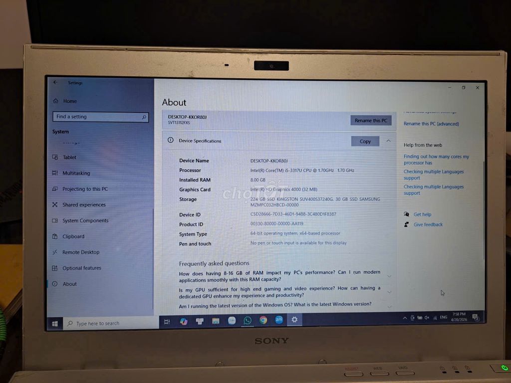 Sony Vaio. Mua bán Laptop tại Thành phố Thủ Đức Tp Hồ Chí Minh được đăng bởi thu hình 1