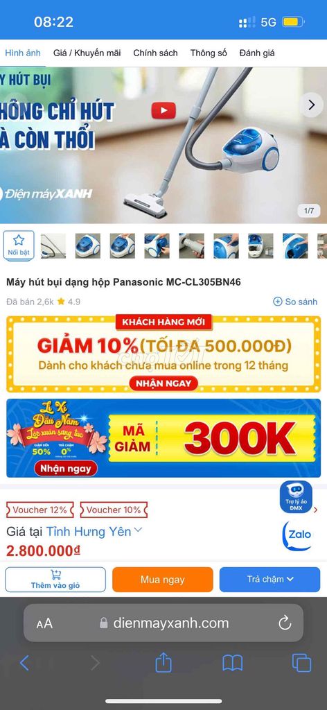 Máy hút bụi Panasonic MC-CL305BN46. Mua bán Thiết bị vệ sinh, nhà tắm tại Thành phố Thái Bình Thái Bình được đăng bởi Thanh Tùng hình 1