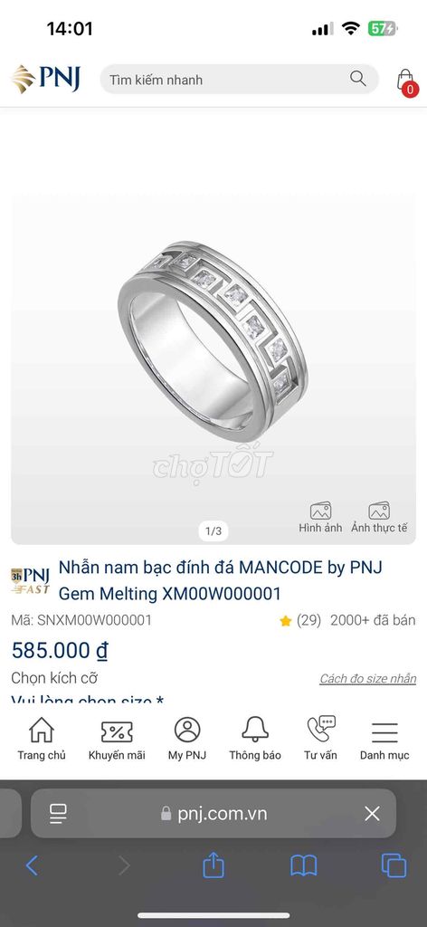 Nhẫn bạc nam PNJ SIZE 18