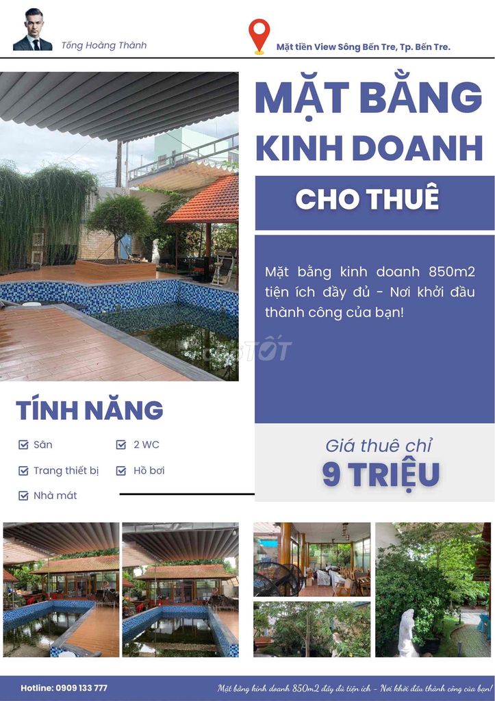 CHO THUÊ MẶT BẰNG KD 850M2 VIEW SÔNG BẾN TRE