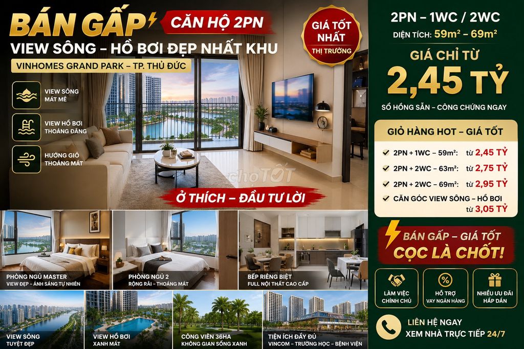 🔥 GIỎ HÀNG BÁN GẤP 2PN GIÁ *** THỊ TRƯỜNG 🔥 📍 Vinhomes Grand Park