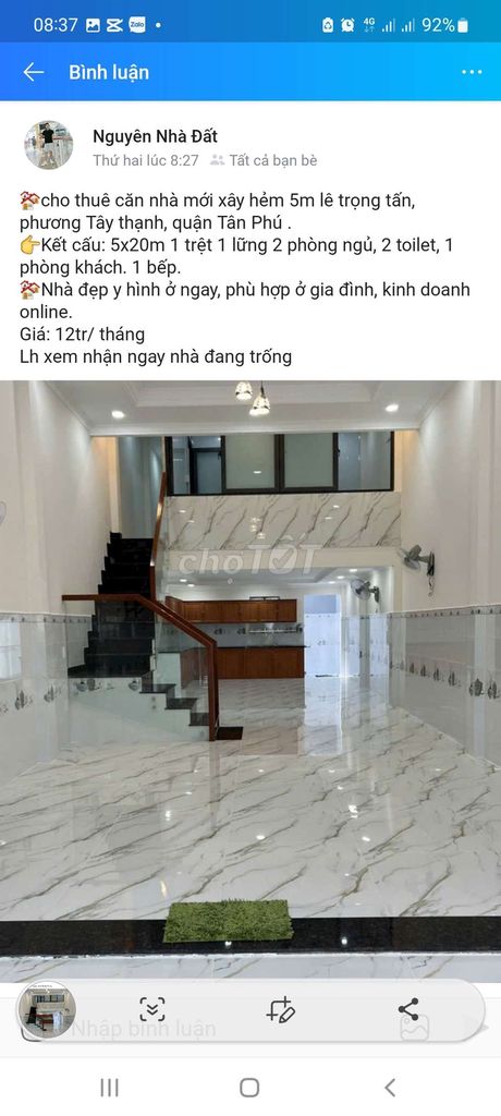 CHO THUÊ NHÀ 5X20M TRỆT LỬNG Y HÌNH ,HXT LÊ TRỌNG TẤN