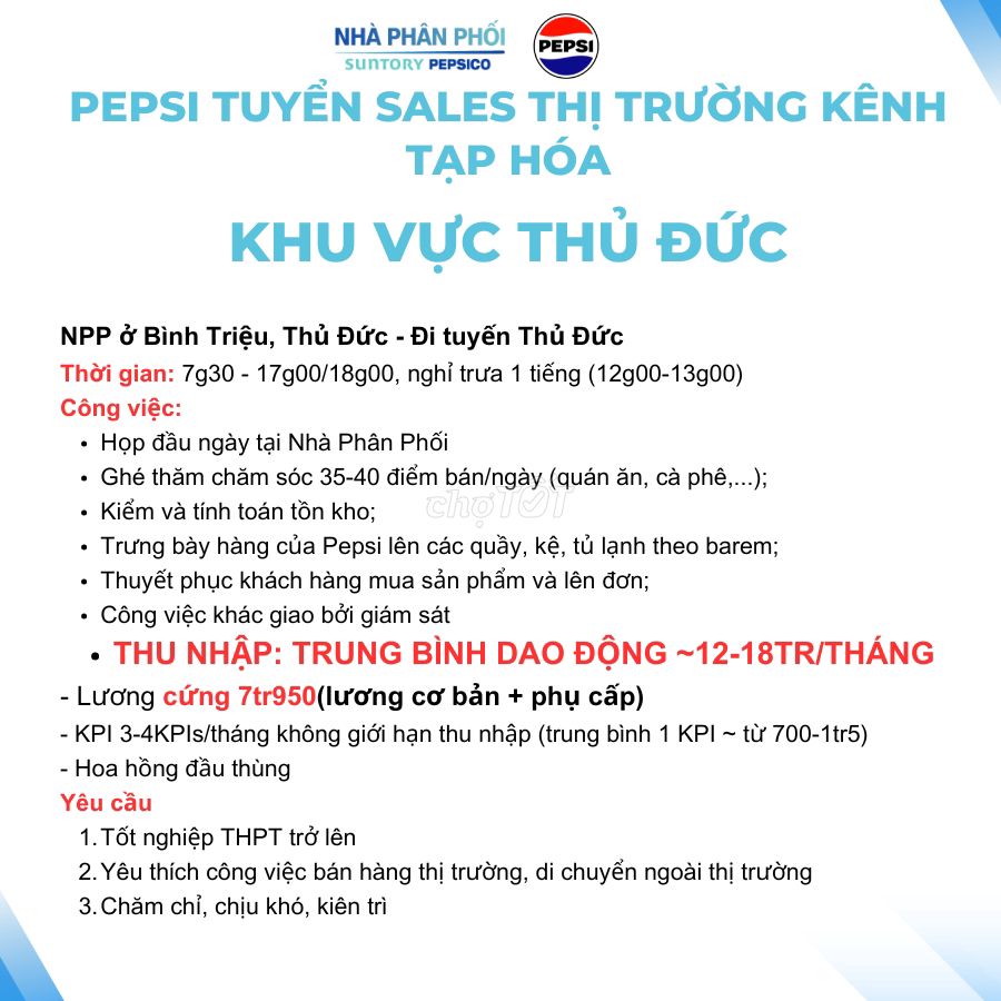 [THỦ ĐỨC] PEPSI Tuyển Sale Thị Trường KÊNH TT