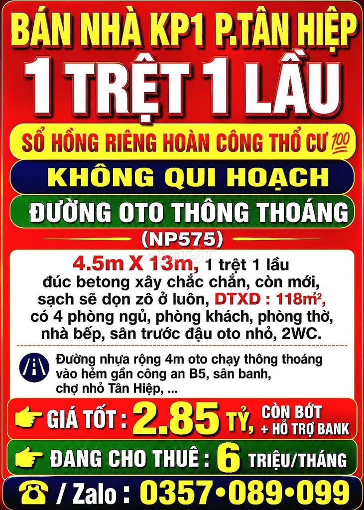 BÁN NHÀ TÂN HIỆP KP1, 1TRỆT 1LẦU SỔ HỒNG HOÀN CÔNG THỔ CƯ 💯 ĐƯỜNG OTO