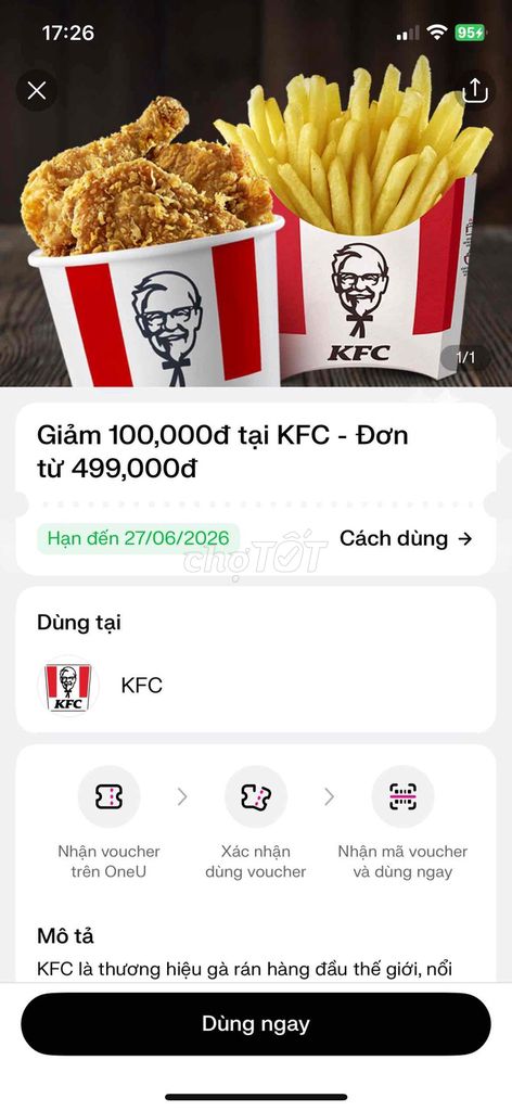 Voucher KFC 100.000đ. Mua bán Đồ ăn, thực phẩm và các loại khác tại Quận 5 Tp Hồ Chí Minh được đăng bởi Thuý Vy hình 1