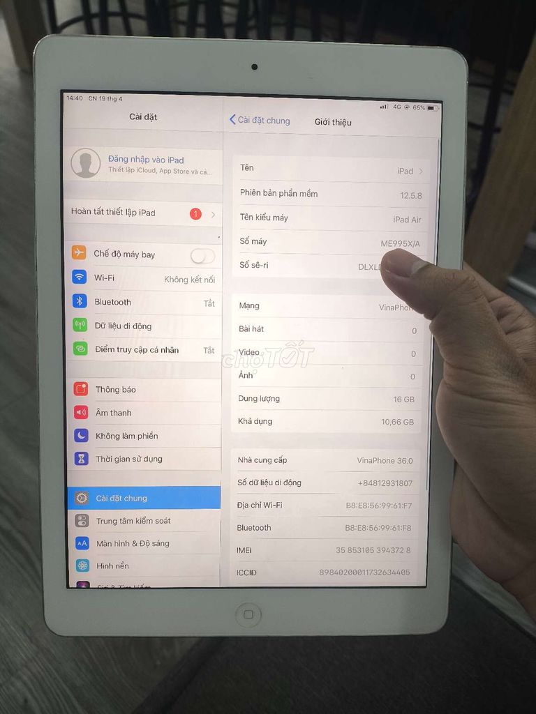 Apple iPad Air 1 16GB Bạc Wifi + 4G. Mua bán Máy tính bảng tại Quận Bình Thạnh Tp Hồ Chí Minh được đăng bởi DKSV hình 1