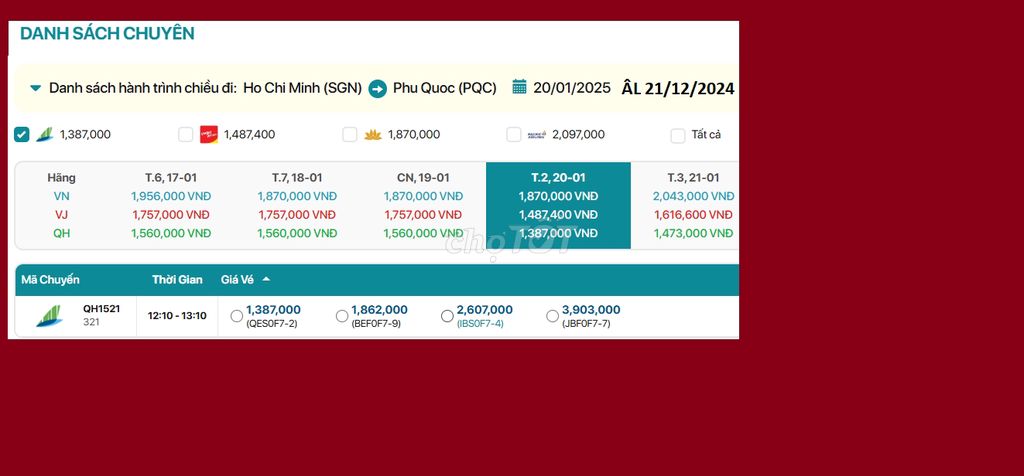 Hồ Chí Minh - Phú Quốc  20/01/2025 ÂL 21/12/2024