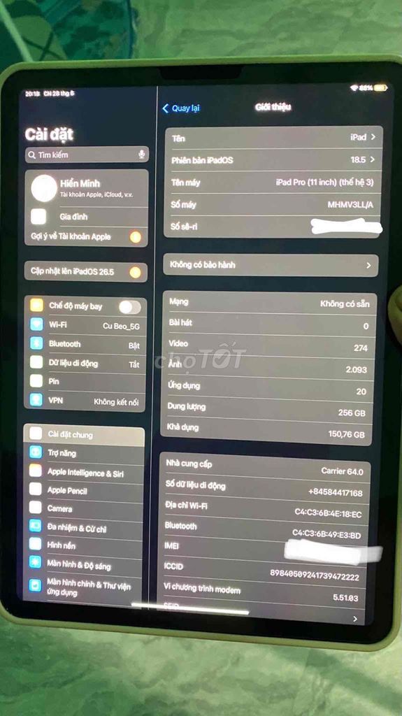 Apple iPad Pro (11 inch) Xám 256GB 89-90%. Mua bán Máy tính bảng tại Huyện Gò Công Tây Tiền Giang được đăng bởi Phan Hiển hình 1