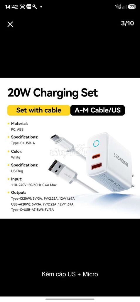 Bộ sạc ESSAGER 20W Trắng Type-C, USB-A. Mua bán Phụ kiện (Màn hình, Chuột...) tại Quận Hà Đông Hà Nội được đăng bởi Lung linh hình 1